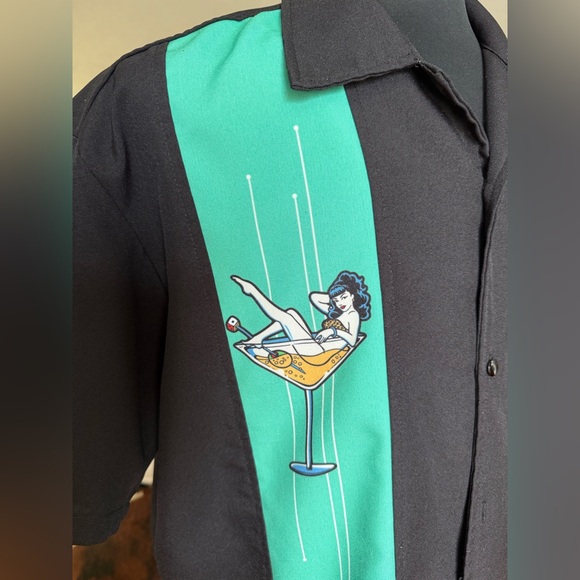 🍸 Steady Clothing Men's Black and Teal Casual Button Down Retro Bowling Shirt - Picture 2 of 5